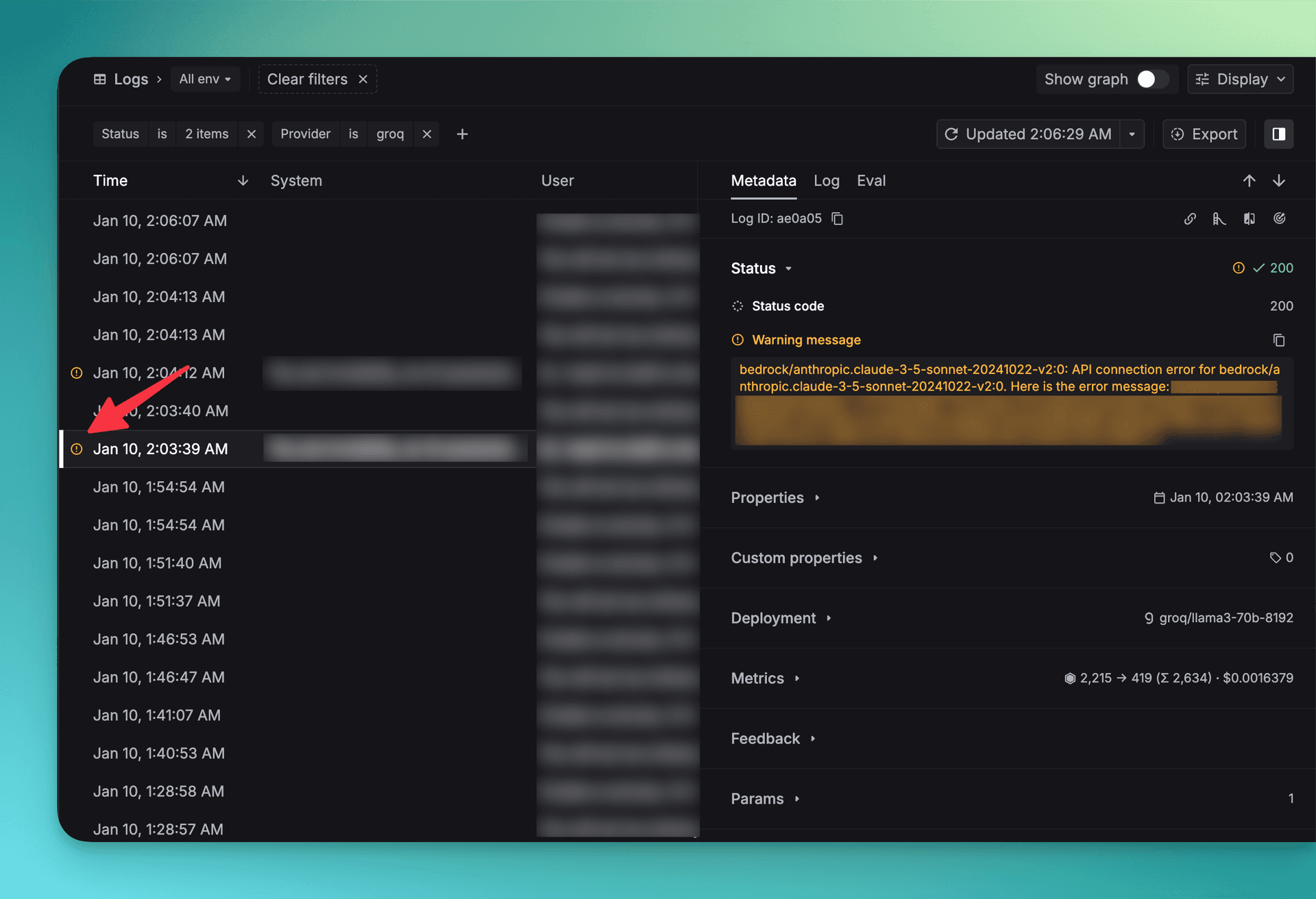 Warnings displayed in logs